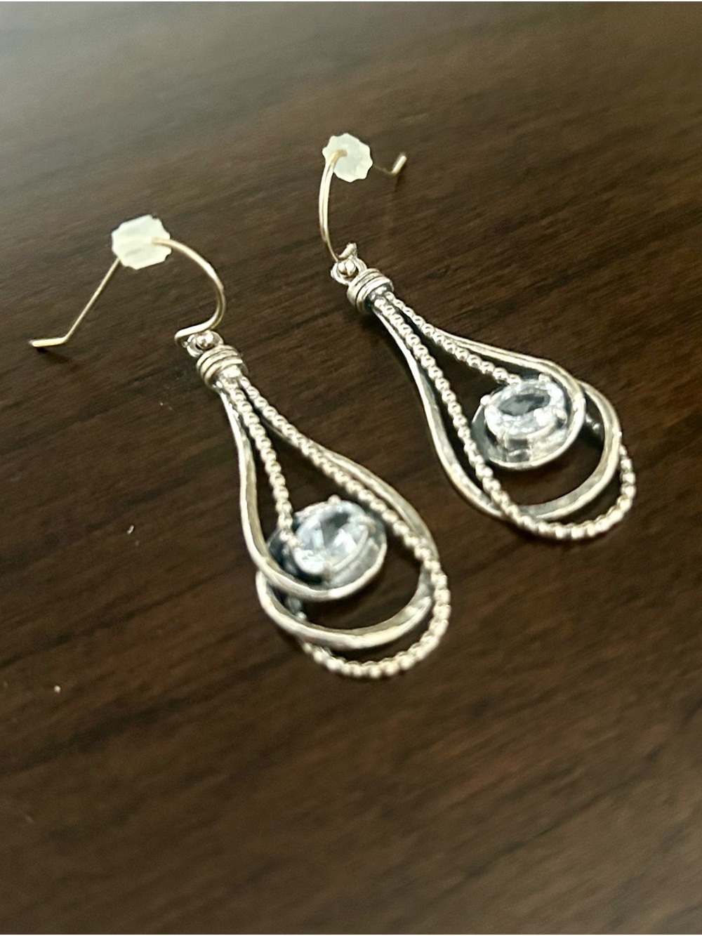 Silver Teardrop Dangle Earrings with Clear Stones - Women Jewelry